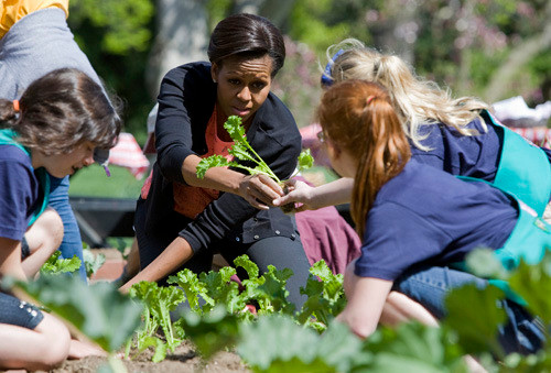 Các em học sinh trồng rau dưới sự hướng dẫn của Đệ nhất phu nhân Mỹ.