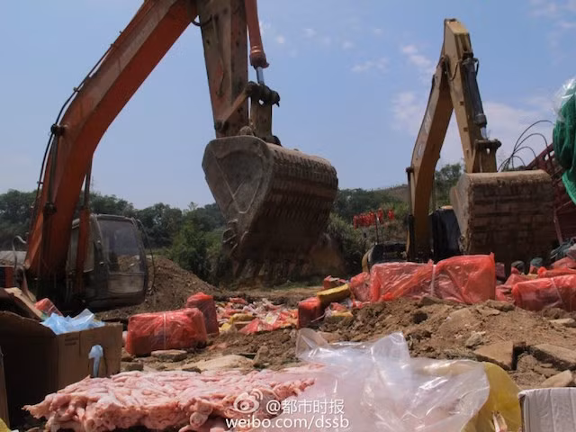 Các máy múc được huy động đến bãi rác để đào hố tiêu hủy số thịt đông lạnh quá hạn.