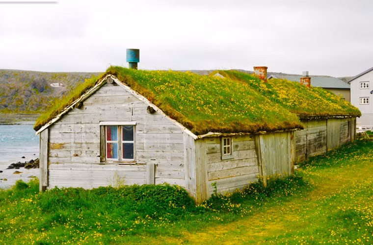 Một ngôi nhà đánh cá mái cỏ ở Na Uy. Ngôi nhà này là nơi các ngư dân nghỉ ngơi sau những ngày lao động, đánh bắt mệt mỏi.