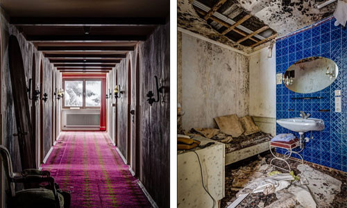 Những cảnh tan hoang trong phòng tắm (phải) và hành lang tại một khách sạn bỏ hoang ở Áo.