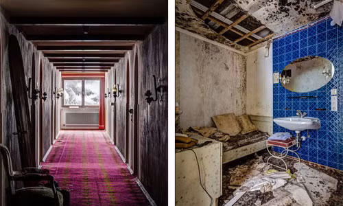 Những cảnh tan hoang trong phòng tắm (phải) và hành lang tại một khách sạn bỏ hoang ở Áo.