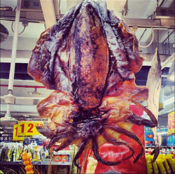 Mực khô nguyên con khổng lồ cũng được bày bán tại đây.