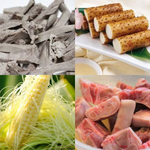 1. Hoài sơn hầm xương lợn. Nguyên liệu: Hoài sơn, xương sườn lợn, nửa bắp ngô ngọt, hành hoa. Xương sườn rửa sạch, gừng thái sợi, miếng mỏng cho vào nồi nước ninh khoảng 15 phút. Ảnh: longlontietcanh.com.