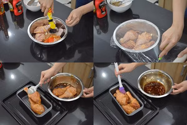 Bật lò nướng 200 độ C làm nóng lò, lót giấy bạc lên khay nướng sau đó bạn đặt gà vào giữa khay, cho gà vào lò nướng. Cứ 10 phút lấy gà ra rồi dùng cọ phết đều nước ướp gà lên khắp mình gà và đem nướng tiếp. Thời gian nướng khoảng 70-80 phút. Ảnh: KangarooVietnam.vn.