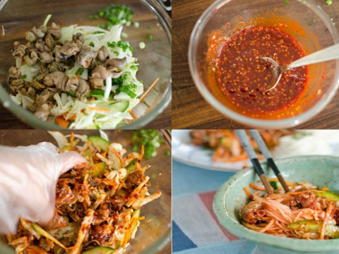 2. Nộm ốc chua cay. Nguyên liệu: Ốc, bún, cải bắp, hành tây, dưa chuột, cà rốt, tương ớt, dấm, đường, hành lá, muối. Dùng nước vo gạo ngâm khoảng 2-3 tiếng cho ra hết chất bẩn, rửa lại thật sạch rồi luộc chín. Sau đó, giữ lấy thịt ốc, bỏ vỏ và nước luộc. Ảnh: Nauzi.com.