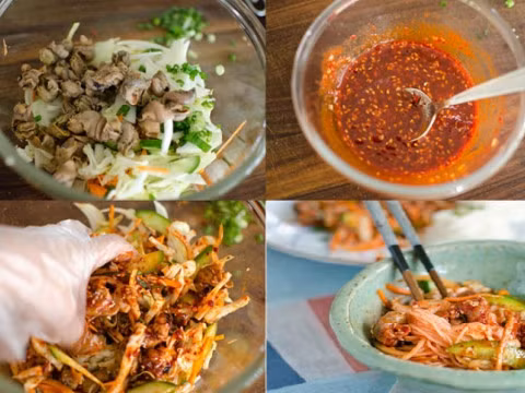 2. Nộm ốc chua cay. Nguyên liệu: Ốc, bún, cải bắp, hành tây, dưa chuột, cà rốt, tương ớt, dấm, đường, hành lá, muối. Dùng nước vo gạo ngâm khoảng 2-3 tiếng cho ra hết chất bẩn, rửa lại thật sạch rồi luộc chín. Sau đó, giữ lấy thịt ốc, bỏ vỏ và nước luộc. Ảnh: Nauzi.com.