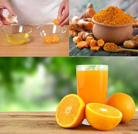 Cách 3: Mặt nạ lòng trắng trứng gà trị mụn đầu đen cùng bột nghệ và nước cam. Nguyên liệu: Lòng trắng trứng, bột nghệ, nước cam ép. Ảnh: tinhbotnghegiatot.com.