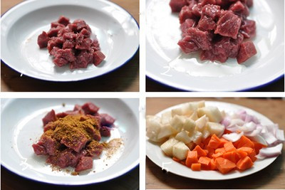 1. Cà ri bò. Nguyên liệu: Thịt bò, khoai tây, hành tây, bia, tỏi, hành tím, bơ, sốt, dầu olive, hành lá, gia vị. Đun bơ cho tan chảy với ít dầu olive và cho từ từ phần thịt bò vào rán vàng đều. Khi tất cả đã chuyển sang màu nâu có thể tắt bếp và để riêng. Ảnh: vaobepnauan.com.