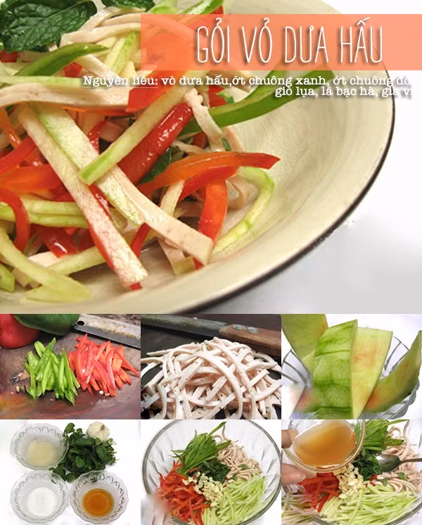 Băm nhuyễn tỏi với ớt cay sau khi đã sơ chế sạch sẽ. Đun sôi 0,3 ml nước để nguội đổ cả vào 1 bát, sau đó cho muối, đường trắng, dấm vào khuấy đều lên. Cà rốt và vỏ dưa trộn lẫn, rắc muối để khoảng 15 phút. Khi vỏ dưa đã mềm đi do ngấm muối, rửa sạch rồi vắt nhẹ cho hết nước muối mặn và bỏ vào bát. Ảnh: nguyenhien.info.