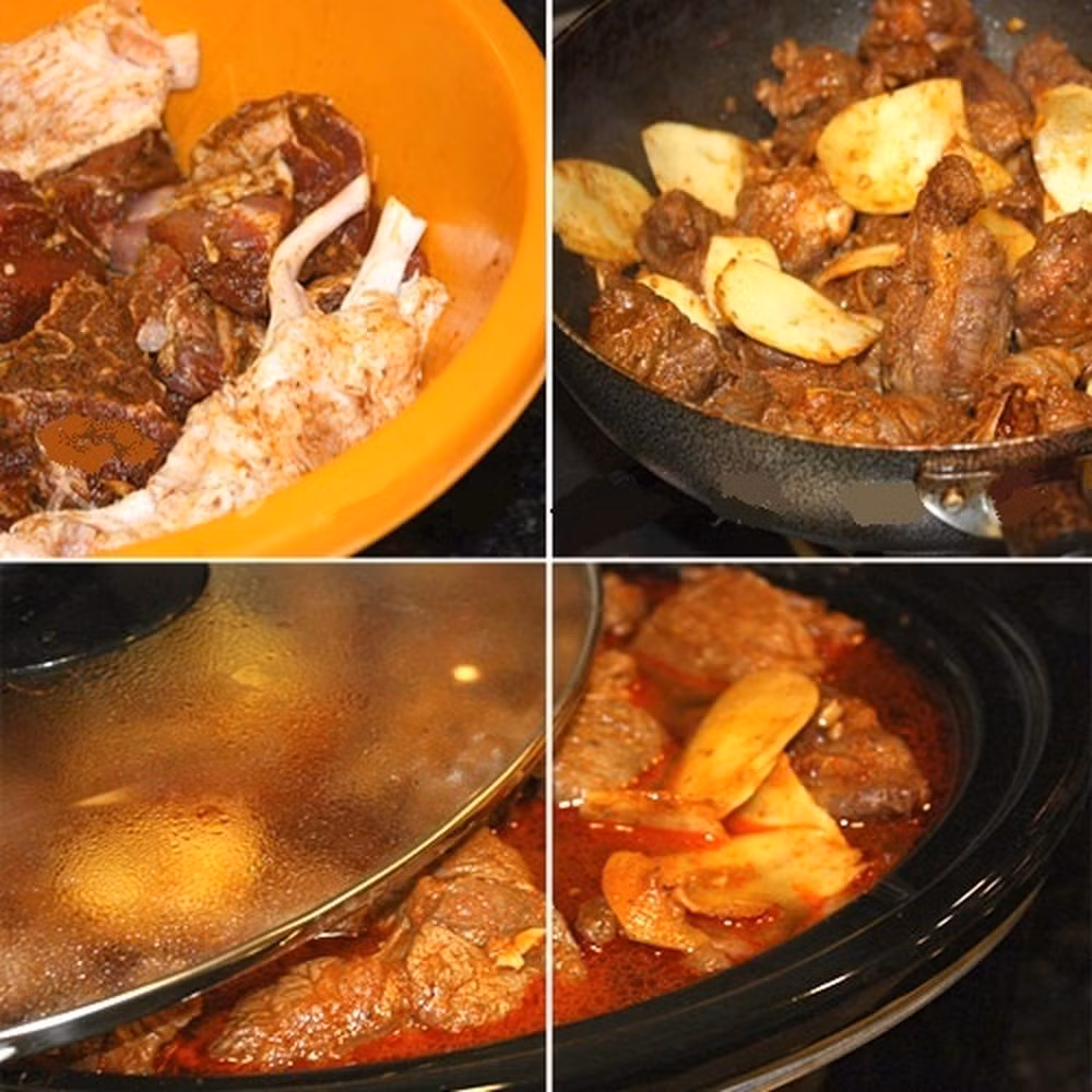 Đặt nồi lên bếp, thêm 3 muỗng dầu ăn vào và phi thơm: sả cắt khúc, ớt, hành và tỏi băm. Khi các nguyên liệu trên chuyển sang màu vàng và dậy mùi thì đổ thịt bò vào, xào cho thịt săn lại. Ảnh: baomoi.com.