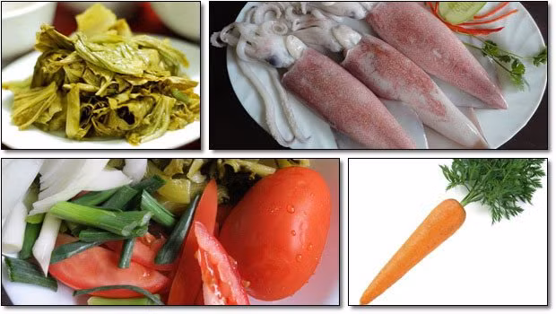 3. Mực xào dưa muối. Nguyên liệu: Mực, dưa muối, hành khô, gừng, ớt, cà chua, rau răm, thì là. Ảnh: nhahanghuongsen.com.vn.