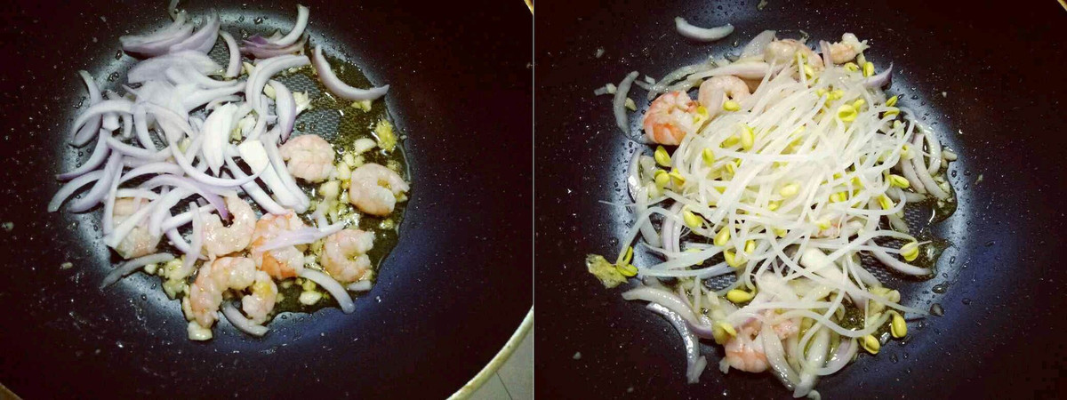 Giá đỗ nhặt sạch đầu vỏ xanh và những phần nát, bẩn. Rửa sach giá đỗ và để ráo. Phi thơm hành tím băm với dầu ăn, cho phần thịt thăn vào xào sơ tiếp theo là tôm vào. Nêm thêm một ít muối, nước mắm và nấu lửa nhỏ đến khi tôm thịt chín, thấm gia vị. Ảnh: Cookstar.asia.