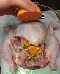 2. Gà nướng quýt. Nguyên liệu: Ức gà, muối, đường, tiêu, ớt bột, chanh, vỏ quýt, sả, tỏi, nước luộc gà, mật ong, nước mắm. Ức gà rửa sạch, luộc chín, rồi vớt ra để ráo. Đến khi nguội thì xé sợi vừa ăn. Trộn đều với muối, đường, tiêu, ớt bột. Bọc màng bọc, để tủ lạnh, ướp qua đêm. Ảnh: kieutuba.wordpress.vn.