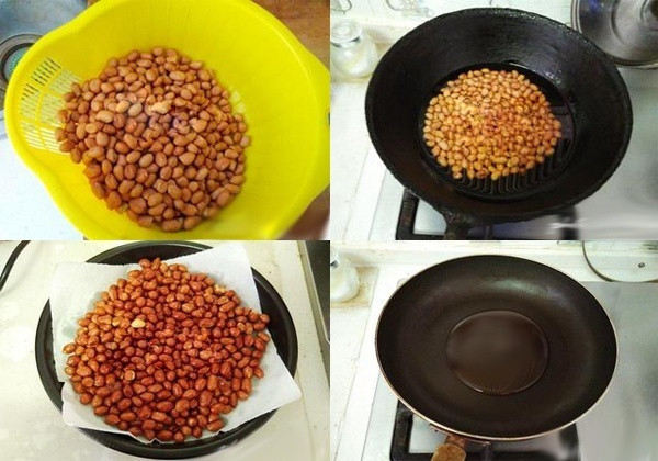 Bắc chảo lên bếp, sau đó cho dầu ăn vào đun nóng, cho hỗn hợp tỏi ớt và muối vào, sau đó cho ngay phần lạc vào, đảo đều tay đến khi nào thấy hạt đậu phộng khô ráo thì tắt bếp. Tiếp tục đảo đều tay đến khi lạc nguội hẳn. Ảnh: dauphongrangtoingocminh.com.