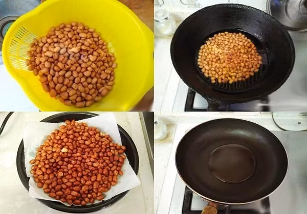 Bắc chảo lên bếp, sau đó cho dầu ăn vào đun nóng, cho hỗn hợp tỏi ớt và muối vào, sau đó cho ngay phần lạc vào, đảo đều tay đến khi nào thấy hạt đậu phộng khô ráo thì tắt bếp. Tiếp tục đảo đều tay đến khi lạc nguội hẳn. Ảnh: dauphongrangtoingocminh.com.