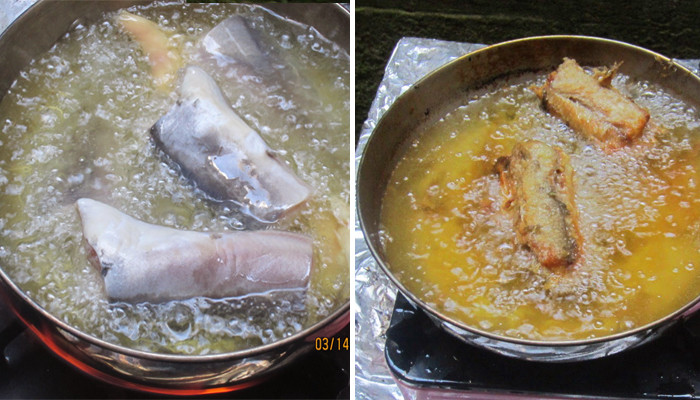 Cá rửa lại bằng dấm cho hết nhớt. Lau khô để chuẩn bị chiên. Để cả con chiên hoặc cắt khúc. Rắc một chút bột chiên giòn vì cá da trơn khi chiên hay bị nổ. Chiên nhiều dầu. Khi chiên cho 1/2 thìa muối và bột nghệ. Chiên vàng 2 mặt. Ảnh: dienmayxanh.com.