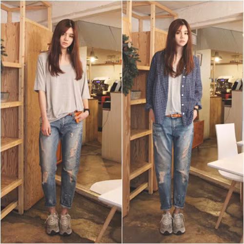 3. Áo dáng thụng: Áo nỉ, len thụng, áo khoác thụng...đều rất hợp khi kết hợp cùng quần jeans, tốt nhất là những màu sắc sáng, rực rỡ hoặc có thêm họa tiết thì càng nổi bật. Cuối cùng, tùy theo phong cách bạn lựa chọn, một đôi giày cao gót hay ankle boots sẽ là miếng ghép hoàn hảo cho set đồ của bạn. Ảnh: GUU.vn.