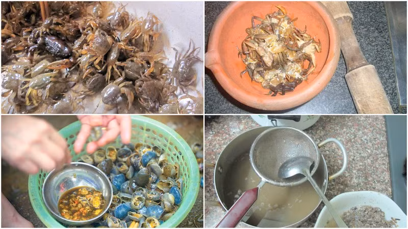 Cho cua đã giã vào tô, hòa với 1 lít nước, bóp nhẹ để thịt cua tan đều rồi lọc. Bắc nồi nước cua lên bếp, nêm vừa ăn, đun lửa to và dùng đũa khuấy theo chiều kim đồng hồ đến lúc nồi nóng và nước cua chuyển sang màu đục. Khi cua đã nổi kín mặt nồi và canh sôi thì hạ lửa thật nhỏ để chin cái cua. Ảnh: Tinhot247.vn.