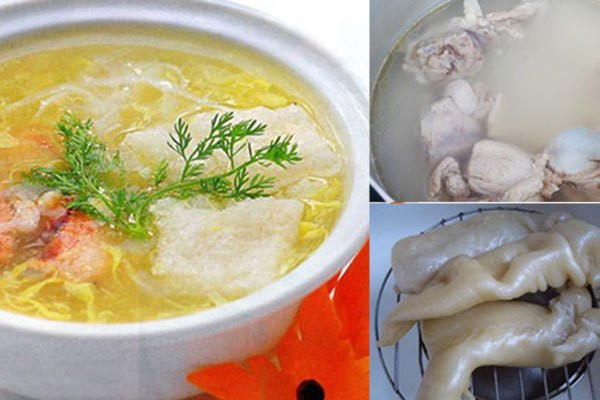 2. Súp bong bóng cá thịt cua. Nguyên liệu: Bóng cá khô, xương ức gà, đầu cổ gà, thịt cua, trứng gà, bột năng, hạt nêm, hành tây, rau mùi, hạt tiêu tán mịn. Bóng cá ngâm nở, vắt ráo nước, xắt hạt lựu một nửa, còn lại xắt miếng to. Hầm xương gà với khoảng 2,5 lít nước, vớt bọt liên tục để nước trong; khi thịt mềm, bỏ xương, cho hạt nêm vào nước dùng cho vừa ăn. Ảnh: amthucgiadinhviet.com.