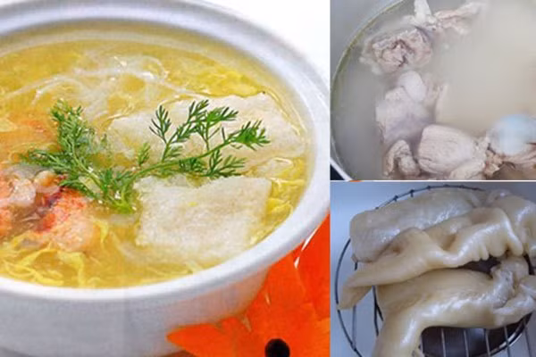 2. Súp bong bóng cá thịt cua. Nguyên liệu: Bóng cá khô, xương ức gà, đầu cổ gà, thịt cua, trứng gà, bột năng, hạt nêm, hành tây, rau mùi, hạt tiêu tán mịn. Bóng cá ngâm nở, vắt ráo nước, xắt hạt lựu một nửa, còn lại xắt miếng to. Hầm xương gà với khoảng 2,5 lít nước, vớt bọt liên tục để nước trong; khi thịt mềm, bỏ xương, cho hạt nêm vào nước dùng cho vừa ăn. Ảnh: amthucgiadinhviet.com.