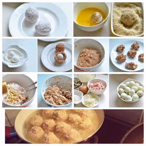 Đập 1 quả trứng gà ra bát. Bột mì (hoặc bột chiên giòn) và bột chiên xù để ra 2 bát riêng. Dùng găng tay để nặn thịt cho đỡ dính. Cho thịt trải đều trong lòng bàn tay, tạo 1 lớp thịt không quá dày. Sau đó lấy trứng cút lăn qua bột mì (hoặc bột chiên giòn) rồi đặt lên miếng thịt trên tay, cuộn lại sao cho thịt ôm kín quả trứng. Ảnh: congthucmonngon.vn.