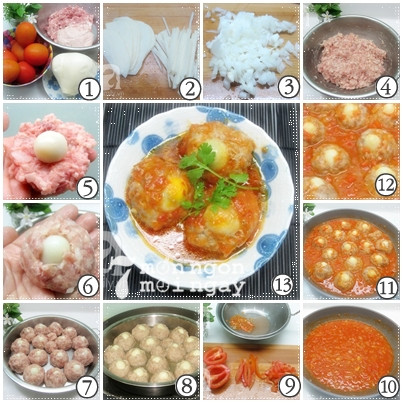 3. Xíu mại trứng cút. Nguyên liệu: Thịt nạc dăm xay nhuyễn, giò sống, cà chua, trứng cút luộc bỏ vỏ, hành tây, sắn, tỏi, tương cà, gia vị. Cho thịt nạc, giò sống, củ sắn, hành tây, muỗng tỏi băm vào tô. Sau đó cho đường, muối, tiêu, bột ngọt, nước mắm, dầu ăn vào bát rồi trộn đều. Để cho thịt thấm gia vị trong 20 phút. Ảnh: 7monngonmoingay.net.