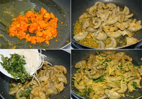 Phi một ít hành băm với dầu ăn. Cho lòng heo, gan heo vào xào săn rồi nêm muối, nước mắm, bột ngọt vào đảo đều, thêm phần huyết heo vào xào nhẹ tay. Ảnh: monngonnhat.com.