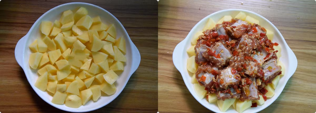 4. Sườn rim khoai tây. Nguyên liệu: Sườn, khoai tây, coca cola, xì dầu. Sườn luộc qua rồi rửa sạch. Ướp với một chút muối trong vòng 30 phút. Chiên sườn vàng đều 2 mặt. Ảnh: Deponline.com.vn.