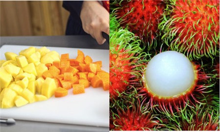 Chôm chôm bỏ vỏ, cắt đầu lấy hột, không bị nát. Nấm rửa sạch cắt khúc. Khoai tây, cà rốt gọt vỏ rửa sạch cắt hình lục giác vừa ăn. Hành lá và ngò rí cắt nhỏ. Ảnh: tinbaihay.com.