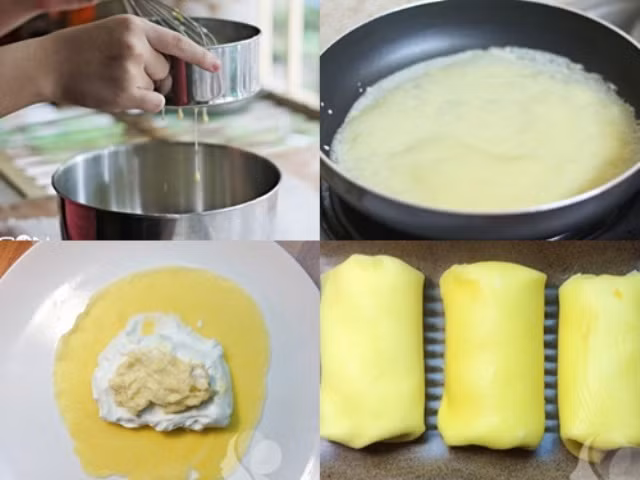 Lấy bánh tráng trải ra đĩa, chấm chút nước cho dễ cuộn, xúc 1 muỗng sầu riêng đặt vào giữa rồi dàn mỏng ra. Rồi cuộn các cạnh bánh tráng lại vuông vắn thành hình vuông hơi dẹp. Cuộn đến khi hết nguyên liệu thì bắc nồi hay chảo sâu lòng lên bếp, đổ ngập dầu ăn khoảng 4-5cm. Ảnh: giadinhvietnam.com.