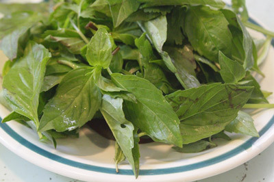 Tỏi bóc sạch, rửa sạch, băm nhỏ. Sả rửa sạch, băm nhỏ. Thịt vịt, thái miếng nhỏ. Ướp gia vị, mắm muối, tỏi băm, sả băm. Lá lốt, húng quế nhặt sạch và rửa sạch. Thái vừa. Ảnh: meovatdoisong.net.