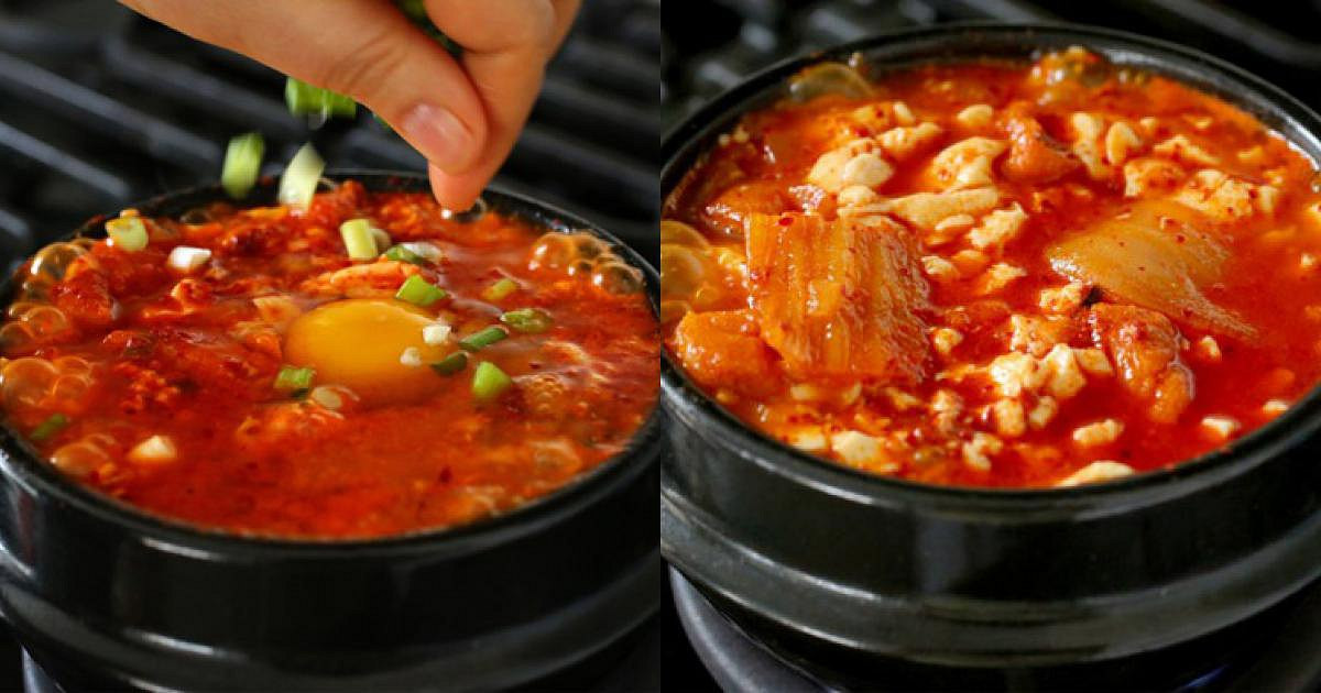 Lúc này có thể thêm nước dùng vào nếu muốn, rắc thêm ít bột ớt lên trên. Đập một quả trứng cho lên trên, để nồi sôi thêm 1 phút. Rắc ít hành lá thái nhỏ lên trên rồi ăn canh kim chi. Ảnh: Vietgiaitri.com.