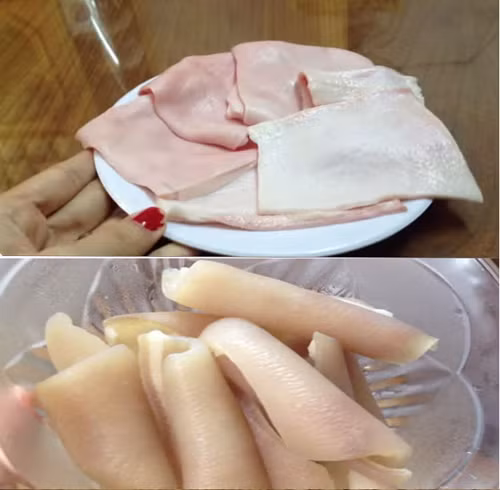 2. Nem nắm. Nguyên liệu: Thịt lợn mỏng, bì lợn, thính, lá đinh lăng, lá sung, tỏi, nước mắm, bột ngọt. Dùng dao mỏng sắc lọc bì lợn sao cho còn dính lại một chút mỡ. Bì lợn chần qua nước sôi, cạo sạch lông, rửa lại với nước muối. Sau đó cho vào luộc chín. Ảnh: SongKhoe.vn.