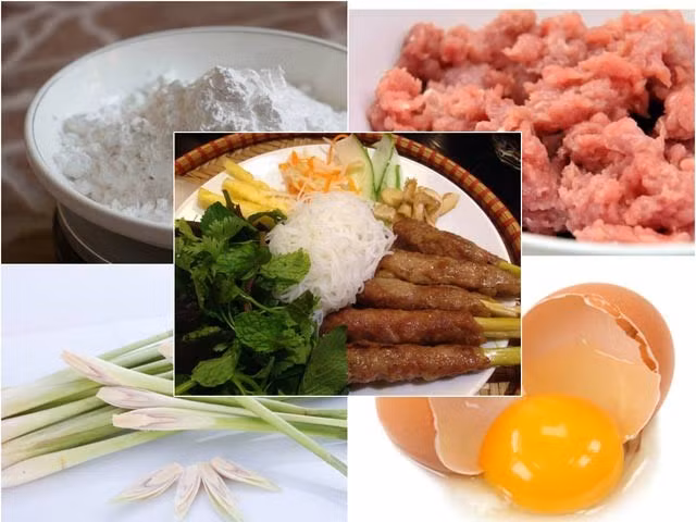3. Nem lụi. Nguyên liệu: Thịt xay, trứng gà, bột năng, sả, tiêu, xà lách, rau mùi, húng quế, cà rốt, dưa chuột, bún, gia vị. Ướp thịt lợn xay với hành tím, tỏi, gốc sả băm nhuyễn cùng gia vị và bột năng, trứng trộn đều để trong tủ lạnh khoảng 2 tiếng. Ảnh: baomoi.com.