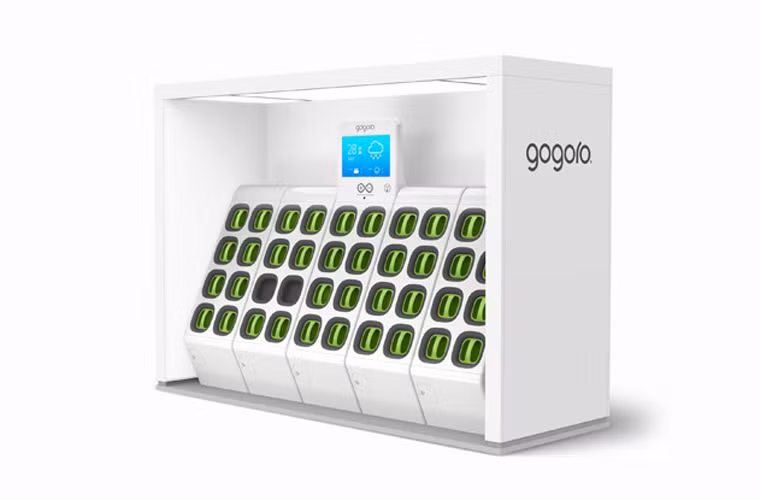 Mô hình một trạm đổi pin của Gogoro. Với kích thước pin nhỏ gọn, người dùng chỉ mất không quá 1 phút khi đổi pin tại các trạm pin GoStation.
