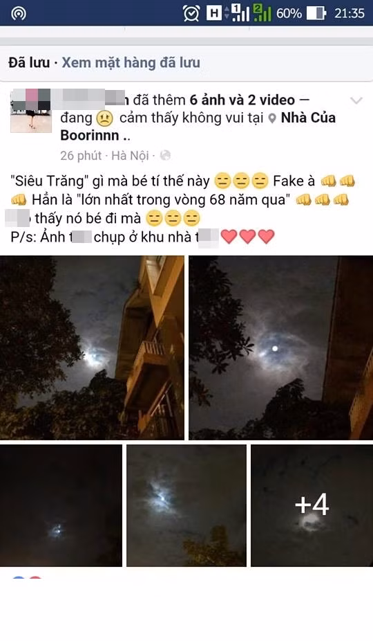 Trên mạng xã hội cũng có không ít bạn trẻ tỏ ra khó hiểu khi chứng kiến siêu trăng trong tối qua. Và số lượng người tỏ ra thất vọng cũng không phải là ít. Nhiều dòng bình luận như "Siêu trăng gì mà bé tí?", "Siêu trăng gì mà chẳng khác ngày thường là mấy", thậm chí là "Cảm giác bị lừa đảo"... đã được nhiều dân mạng, các bạn trẻ ở Hà Nội viết ra. Quả thật, nếu quan sát bằng mắt thường, mặt trăng của buổi tối 14/11 không có điểm gì quá đặc biệt.