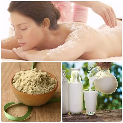 Để làm hỗn hợp tắm trắng da, bạn chỉ cần hòa sữa tươi vào bột gạo lứt để tạo thành một hỗn hợp sệt sệt. Ảnh: googleusercontent.