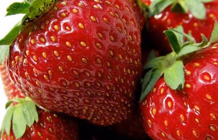  6. Dâu tây: Dâu tây chứa nhiều vitamin C và các chất chống oxy hóa nên có tác dụng loại bỏ khuyết điểm trên da hiệu quả. Đơn giản chỉ cần lấy một vài quả dâu tây chín, cho một nước cốt chanh vào nghiền cùng. Thoa hỗn hợp đều lên da mặt và để thư giãn trong 20 phút. Sau đó, rửa mặt sạch và vỗ nhẹ cho da khô. Nếu sở hữu da khô, bạn có thể cho thêm mật ong vào mặt nạ. Đắp mặt nạ 2 lần/tuần.