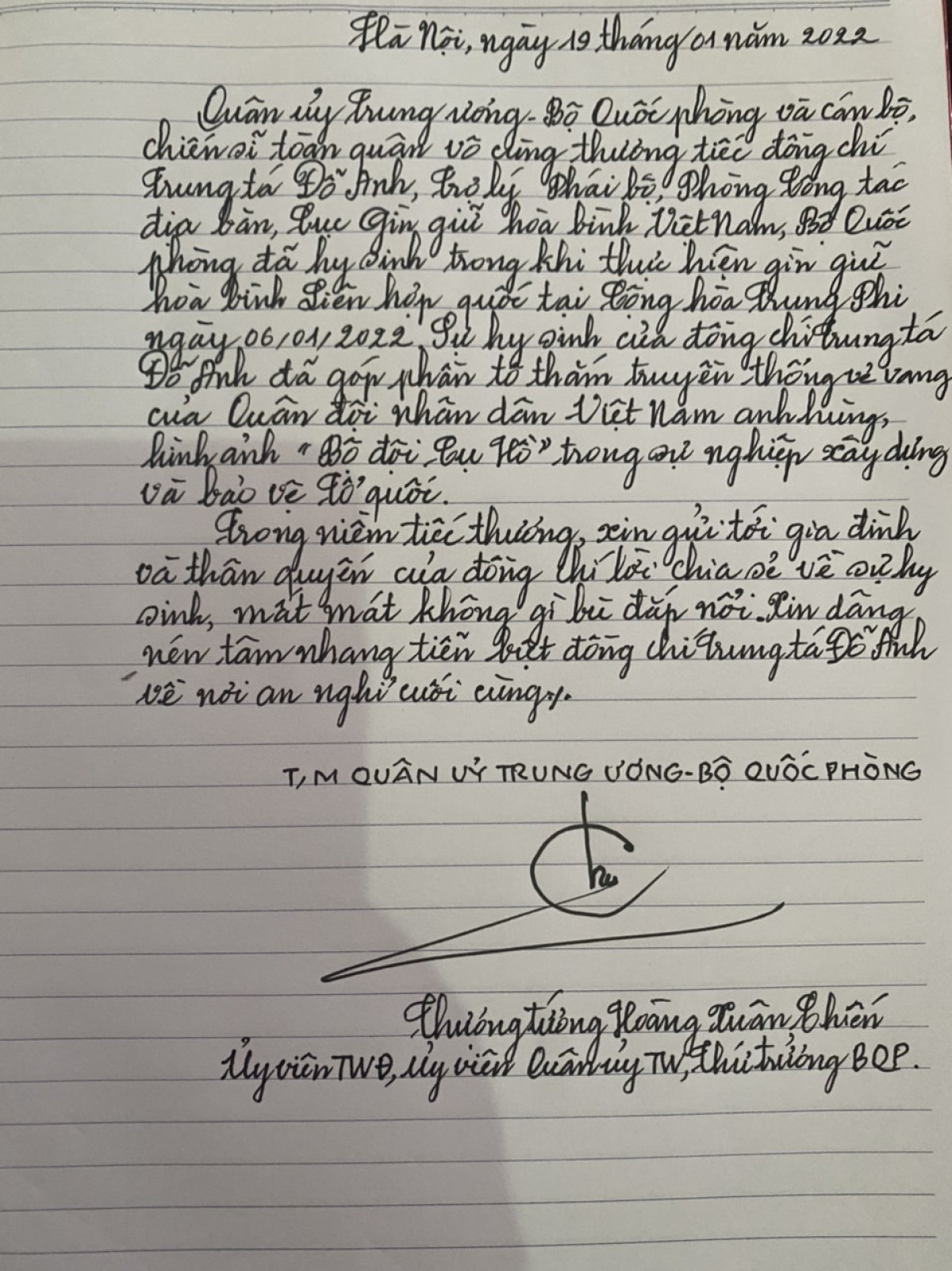 Trong phần ghi sổ tang, thay mặt Quân ủy Trung ương, Thứ trưởng Bộ Quốc phòng Hoàng Xuân Chiến viết: "Sự hy sinh của đồng chí Trung tá Đỗ Anh đã góp phần tô thắm truyền thống vẻ vang của Quân đội Nhân dân Việt Nam anh hùng, hình ảnh Bộ đội Cụ Hồ trong sự nghiệp xây dựng và bảo vệ Tổ quốc."