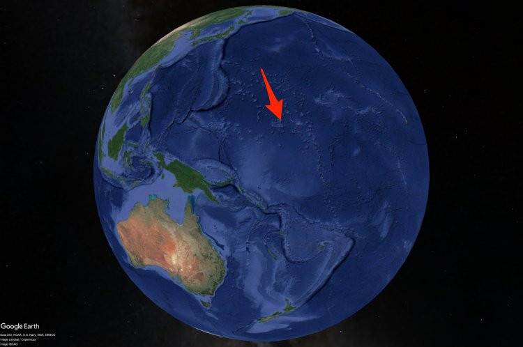 Một trong những bãi thử bom hạt nhân ưa thích của Quân đội Mỹ nằm ở vùng biển Thái Bình Dương với số bom hạt nhân có sức nổ tổng cộng 210 megatons đã từng được quân đội Mỹ mang ra đây thử nghiệm. Nguồn ảnh: Googlemaps.