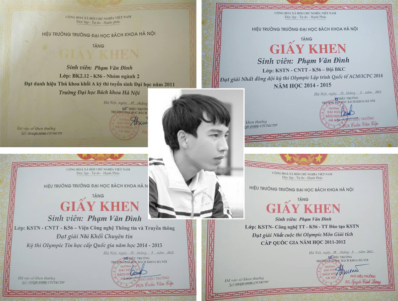 Phạm Văn Đình (ảnh nhỏ) là sinh viên xuất sắc với nhiều bằng khen giấy khen.