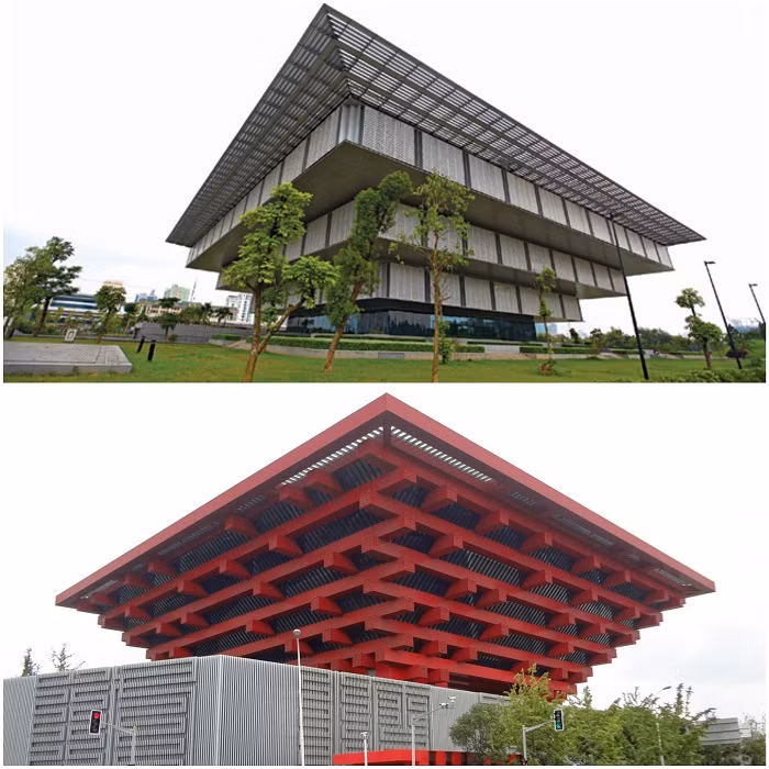 Hình ảnh bảo tàng Hà Nội (trên) và bảo tàng Trung Quốc (dưới) với thiết kế kim tự tháp ngược khá tương đồng.