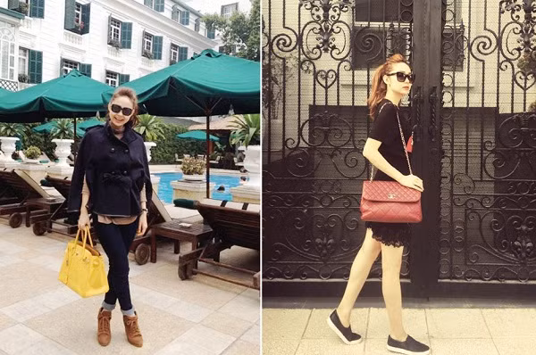 Mỗi lần xuất hiện, Minh Hằng luôn gây chú ý về gu ăn mặc cùng các món đồ hàng hiệu đắt đỏ. Chiếc túi Chanel (ảnh phải) trị giá cả trăm triệu, còn túi Hermes Birkin màu vàng cũng xấp xỉ 200 triệu đồng.