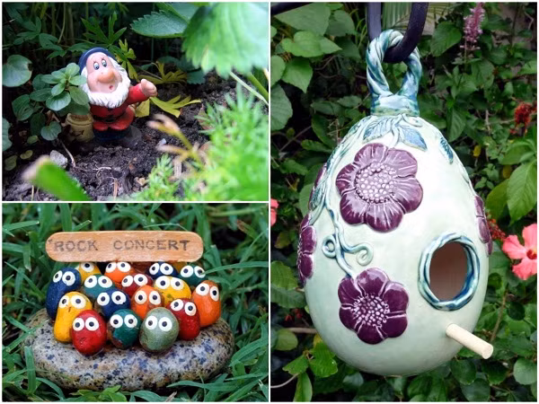 Đừng vội bỏ những bức tượng cũ, bạn có thể dùng chúng để dưới những gốc cây, hòn đá trong vườn. Tô tượng bằng những màu sắc rực rỡ sẽ giúp chúng nổi bật hơn.