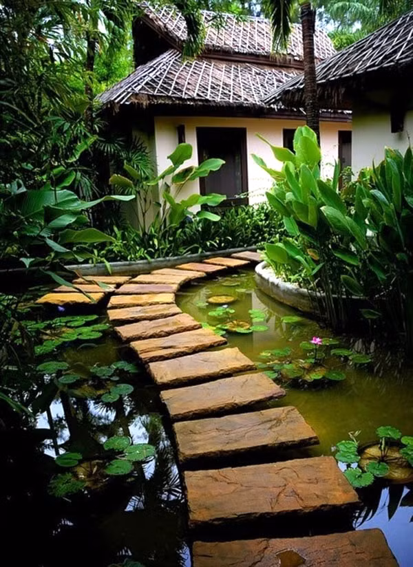 Lối đi bằng đá, gạch trên hồ nước sẽ giúp khu vườn thêm sinh động, đẹp mắt.