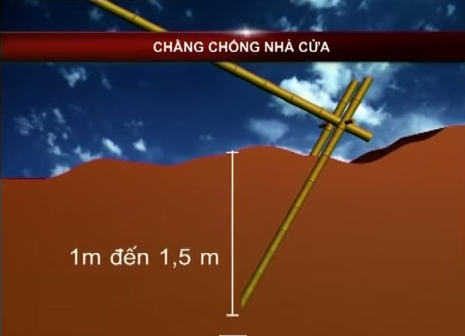 Sau đó, bạn dùng dây thép, dây thừng… neo giằng chữ A vào các cọc đóng sâu xuống đất 1-1,5m.