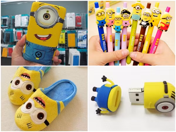 Không khó để người tiêu dùng tìm được những vật dụng như bút, USB, ốp điện thoại, dép, gối, thú bông.... tạo hình "chuẩn" nhân vật trong Minions.