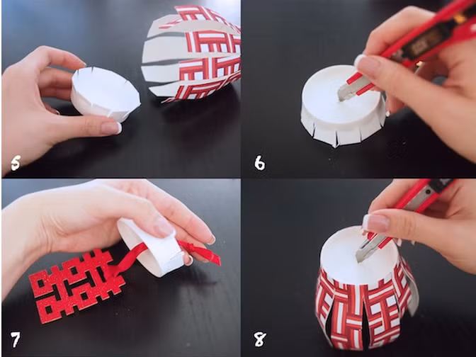 Cắt đáy của chiếc cốc thứ hai, đục lỗ nhỏ ở giữa đáy cốc. Tương tự cũng đục lỗ nhỏ ở đáy chiếc cốc ban đầu.