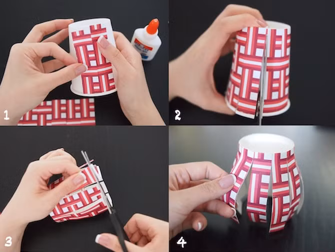 Một cách khác, bạn chuẩn bị hai chiếc cốc giấy khác nhau. Bạn hãy cắt phần thân chiếc cốc 1 thành các dải như trong hình.