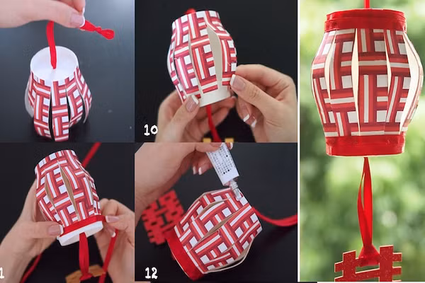 Xỏ dây ruy băng trang trí qua phần lỗ cắt ở hai đáy cốc 1 và 2. Dùng keo dán đáy cốc 2 với các mảnh cắt trên chiếc cốc ban đầu để hoàn thành chiếc đèn lồng trong vòng 10 phút.